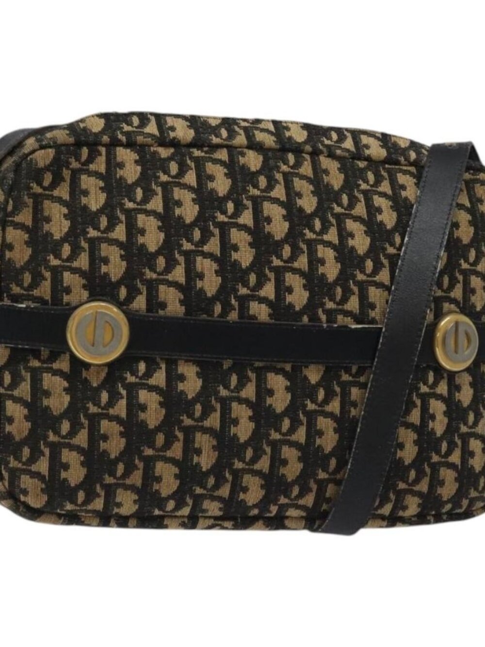 Christian Dior Trotter Canvas Shoulder Bag Black Gold Auth 124679